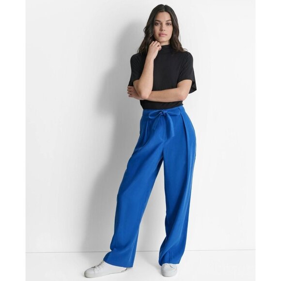 DKNY Womens Twill Tie Front Pleated Wide Leg Pants Lapis Blue Size 2 MSRP $99 - Picture 2 of 3